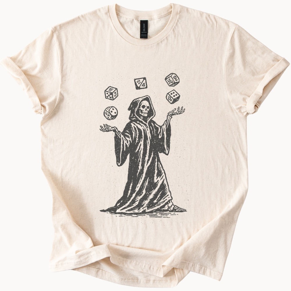 Gildan Natural Tee with Black Grim Reaper Dice Design